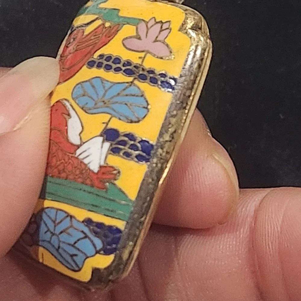 Vintage Cloisonne Locket Pendant Mandarin Duck Lotus Yellow Gold Tone - Picture 4 of 13